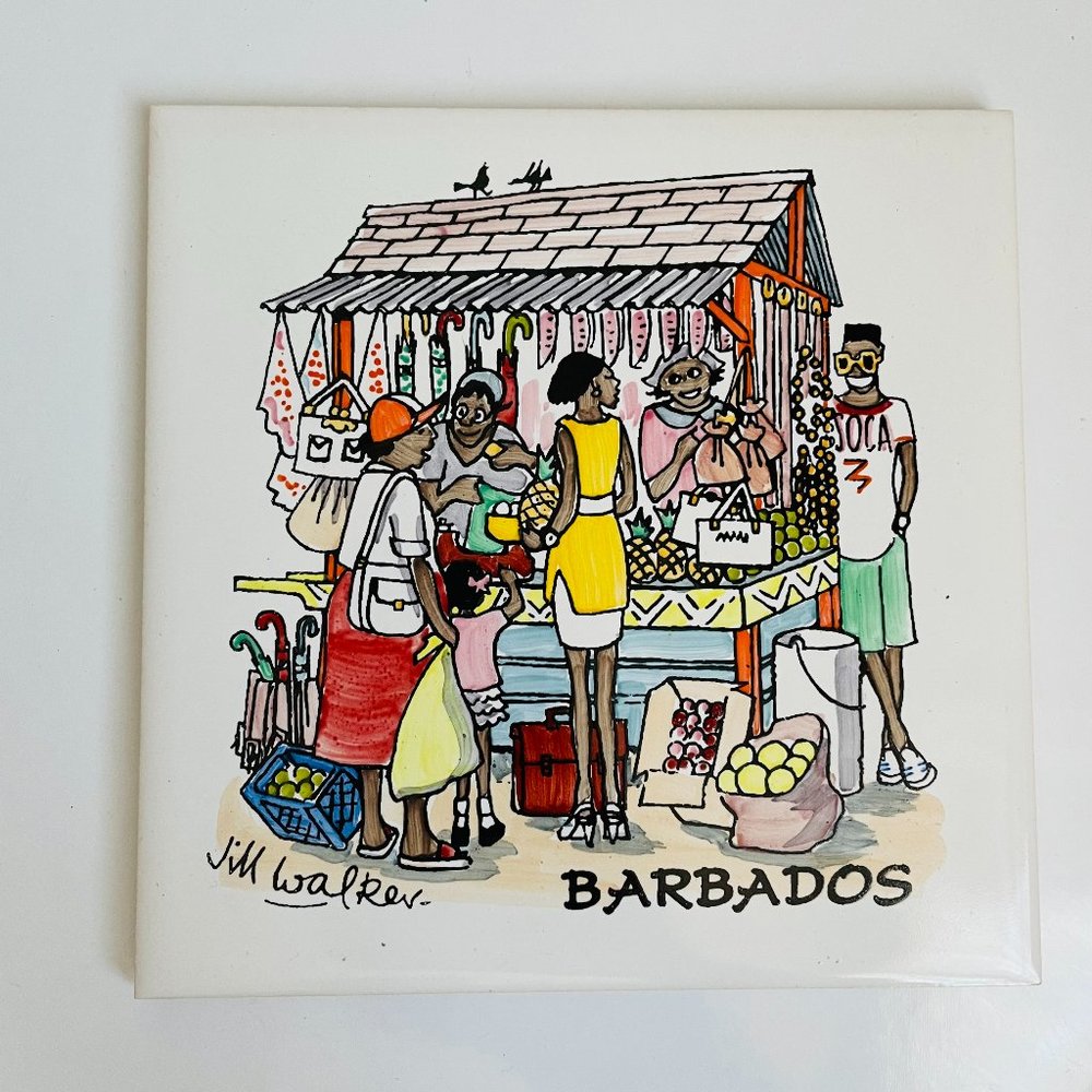 Vintage Jim Walker Handpainted Tile Barbados Market 6x6” Cork Back NWOB